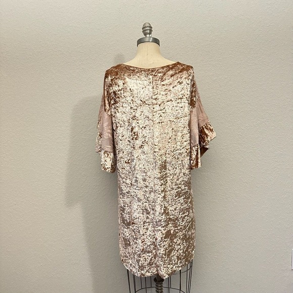 UMGEE USA Leave Print Bell Sleeve Midi Shift Dress Beige Velour Velvet - Picture 6 of 11